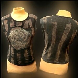 Vtg Y2K delias blk brown bleach stripe hearts silver glitter rose graphic tank L